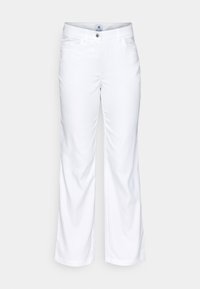 Bílé kalhoty s rovnými nohavicemi, se zapínáním na knoflík, poutky na opasek a předními kapsami. Hladká textury a čistý vzhled.