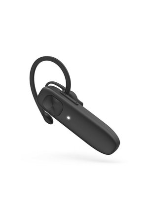 Black Bluetooth headset with a curved ear hook, a textured speaker area, and a small LED indicator on the body. Smooth surface, ergonomic design.