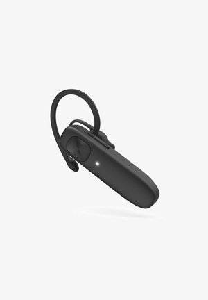 Black Bluetooth headset with a curved ear hook, a textured speaker area, and a small LED indicator on the body. Smooth surface, ergonomic design.
