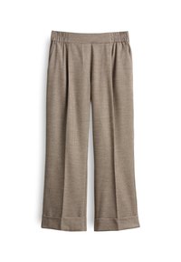 Wijdbenige broek van gestructureerde stof in een bruin-beige ruitpatroon. Voorzien van een elastische tailleband en opgevouwen manchetten.