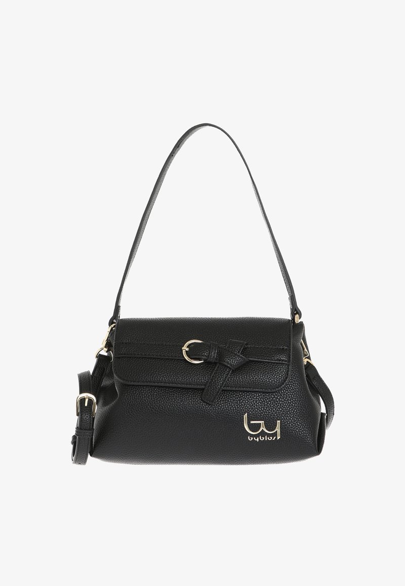 Borsa a mano nera in pelle con finitura texture, tracolla regolabile, chiusura a torsione e dettagli in metallo color oro.