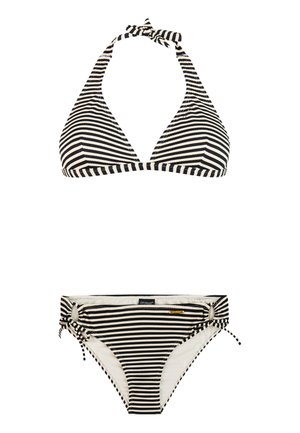 Conjunto de bikini a rayas blancas y negras que incluye un top de cuello halter con lazos y braguita con lazos laterales ajustables para un ajuste personalizado.