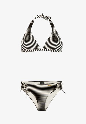 Conjunto de bikini a rayas blancas y negras que incluye un top de cuello halter con lazos y braguita con lazos laterales ajustables para un ajuste personalizado.