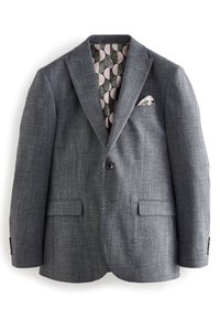 Blazer grigio con texture, collo a dislivello, due tasche frontali e una fodera interna a motivi verdi e rosa. Dotato di fazzoletto da taschino.