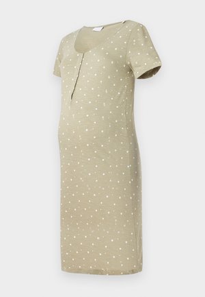 Fény olíva zöld kismama ruha, rövid ujjú, V-nyakkivágással, gombos elülső résszel és fehér csillagmintával az anyagon.