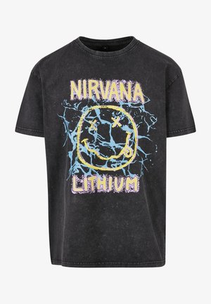 Black cotton t-shirt with short sleeves, featuring a central yellow smiley face graphic, blue and purple text reading "NIRVANA LITHIUM" above and below.