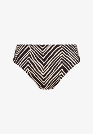 Zwart en crèmekleurige zwembroek met zebraprint, met diagonaalgestreepte patronen, een middellange taille en een gladde stoftextuur. Geen zichtbare hardware of accenten.