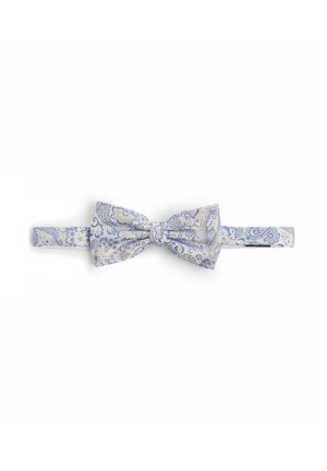 Blue and white paisley-patterned bow tie made of fabric, featuring a textured finish and a matching adjustable strap.