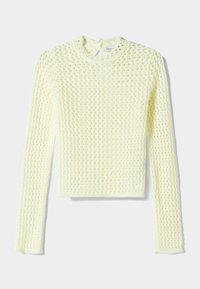 Gul stickad tröja med en strukturerad, öppen vävdesign. Har långa ärmar och rund halsringning, kort längd.