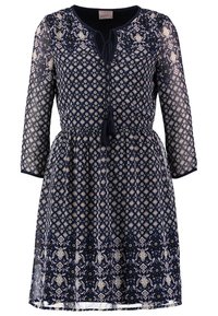 Mörkblå klänning med långa ärmar, blommönster, rund halsringning, elastisk midja och knytdetalj. Genomskinligt tyg med foder i kjolen.