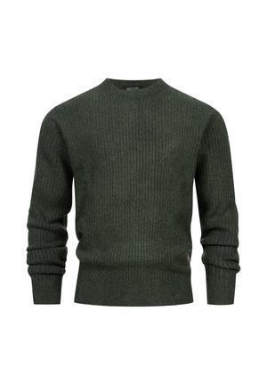 Donkergroen geribbelde trui met een ronde halslijn, lange mouwen en een textiele stof. Bevat details aan de zoom en een merketiket aan de zijkant.