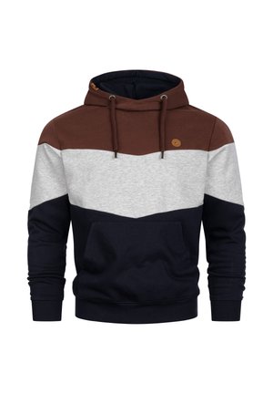 Felpa con cappuccio da uomo con cappuccio marrone, parte superiore del petto grigio chiaro e corpo e maniche blu navy, con tasca anteriore e coulisse.