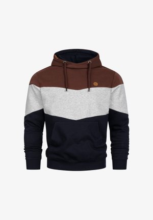 Felpa con cappuccio da uomo con cappuccio marrone, parte superiore del petto grigio chiaro e corpo e maniche blu navy, con tasca anteriore e coulisse.