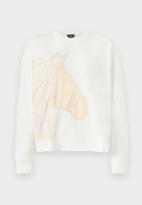 Λευκό φούτερ με μακριά μανίκια, με μεγάλο μπεζ και σχεδιασμένο κεφάλι ίππου στο μπροστινό μέρος, λαιμόκοψη και ριμπ μανσέτες.