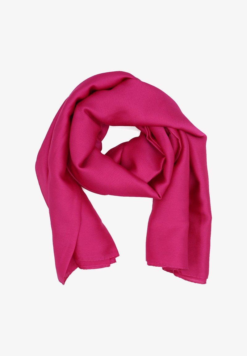 Sciarpa rosa realizzata in tessuto morbido, con una texture delicata e un design elegante e fluido. Intorcigliata e drappeggiata in una forma ad anello.