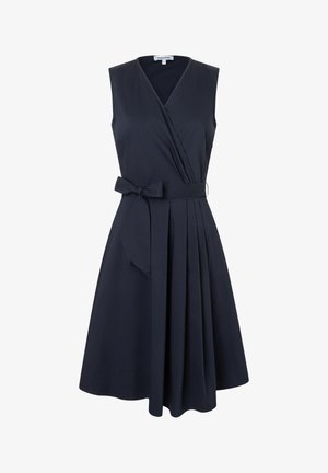 Sleeveless navy blue wrap dress with V-neck, pleated skirt, and tied waist bow belt, designed for a flattering, elegant silhouette.