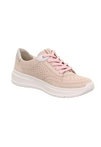 Beige Sneaker mit perforiertem Wildleder und Lederakzenten. Mit rosa Schnürsenkeln und einer weißen Gummisohle, die ein lässiges Design unterstreicht.