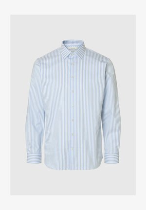 Lyseblå og hvitstripet langermet skjorte med krage og knapper foran. Har mansjetter med oppvik og en glatt tekstur.