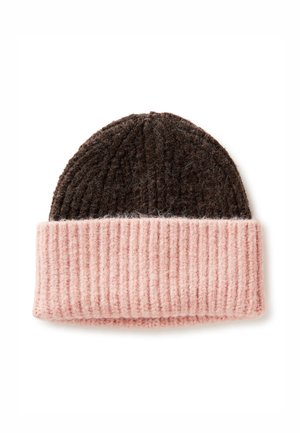 Knit beanie featuring a brown textured top and a ribbed pink cuff. Made of soft material, designed for warmth and comfort.