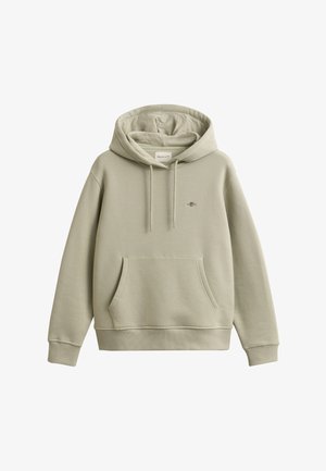 Light beige pullover hoodie with front kangaroo pocket, drawstring hood, ribbed cuffs and hem, and small embroidered logo on the chest.
