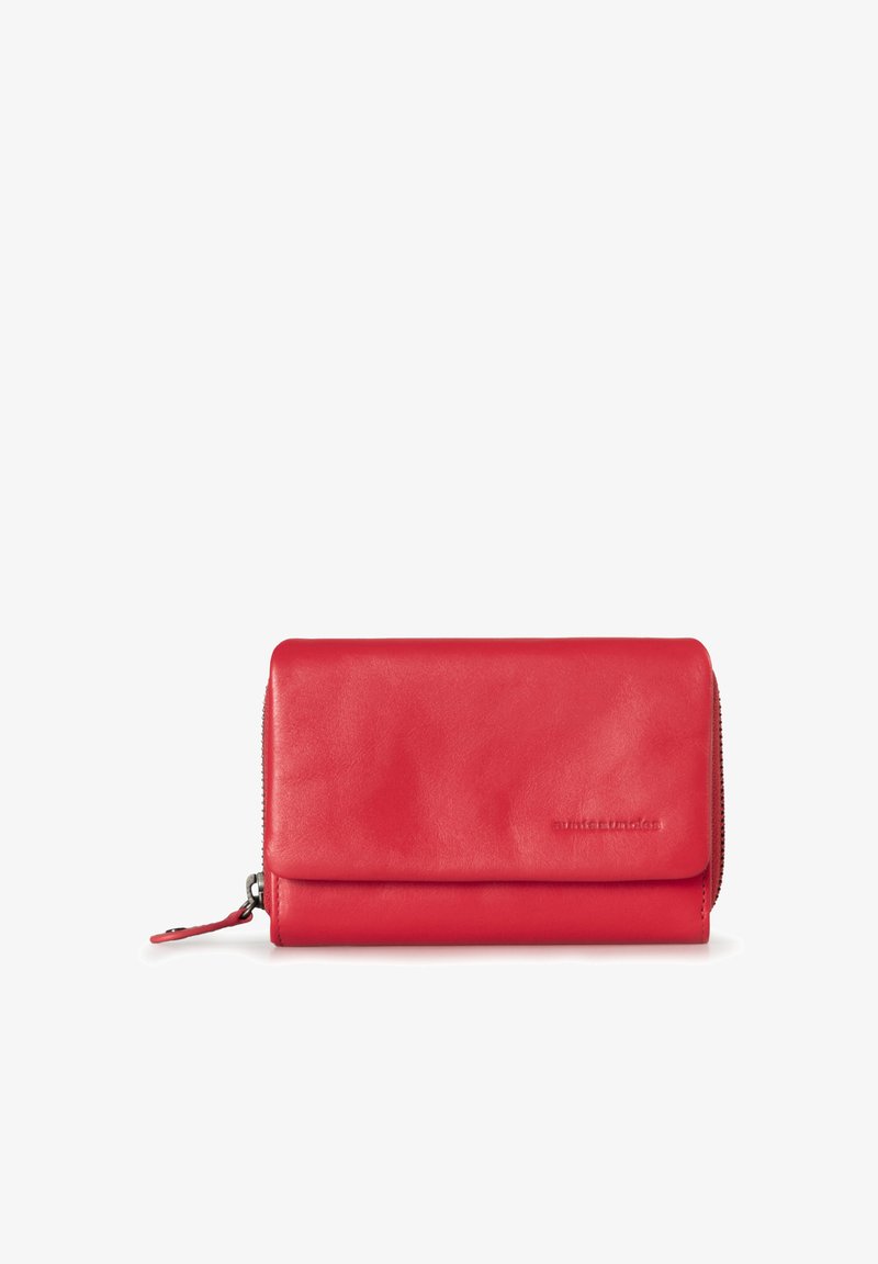 Red leather wallet with a smooth texture, features a zip closure and a fold-over flap. Branding is subtly embossed on the front.