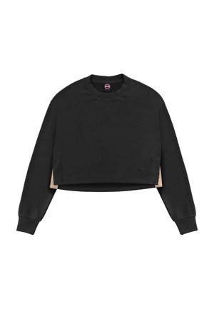 Sweat-shirt court noir à manches longues avec panneaux latéraux beiges et poignets côtelés, avec un petit logo rond près de l'ourlet.