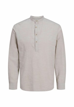 Hele halli pikade sleeves'iga särk, millel on bändi krae, nööpide rida ja tekstuuriga kangas. Sellel on viis nööpi ja lõtv sobivus.