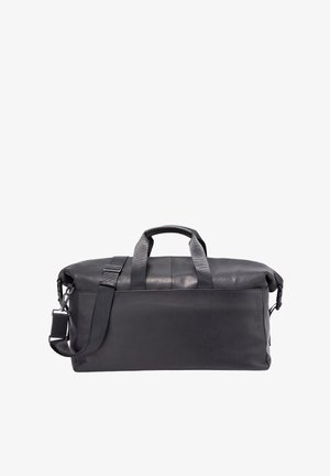 Zwarte duffeltas van gestructureerd leer, met dubbele handvatten en een afneembare schouderriem, voorzien van een ritssluiting aan de bovenzijde.