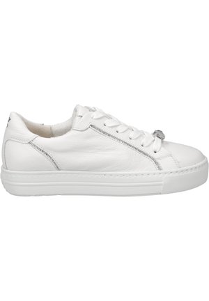 White leather sneakers featuring a smooth texture, round toe, lace-up design, and subtle silver accents along the side seams.