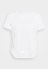 Vit t-shirt med korta ärmar, tillverkad av mjukt tyg, med en meshlåg fåll och rundad halsringning. Enkelt, okomplicerat utförande.