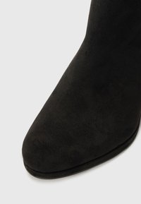 Black suede ankle boot with a pointed toe and smooth texture, featuring a fitted silhouette and minimal design elements.