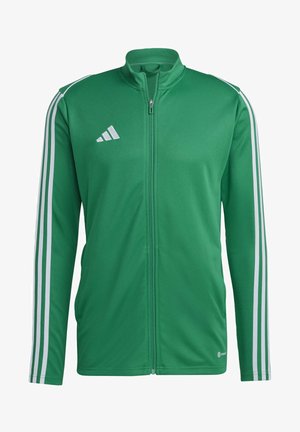 Veste zippée verte en tissu lisse, avec des rayures blanches sur les manches et un logo brodé sur la poitrine.