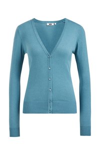 Ljusblå cardigan med V-ringning, långa ärmar och knäppning fram. Tillverkad av mjukt, texturerat tyg med ribbade kanter.