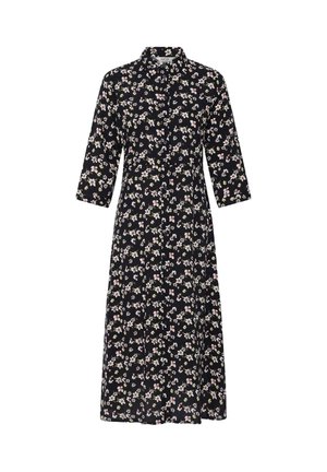 Sort midi-kjole med små blomsterprint i pink og hvid, lange ærmer og en krave.