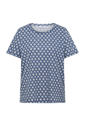 T-shirt à manches courtes et col ras du cou avec un motif géométrique bleu et blanc intégral et une étiquette de marque au niveau de l'encolure.