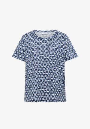 T-shirt med korte ærmer og rund hals med et blå- og hvidt geometrisk mønster over det hele samt mærke ved halsudskæringen.