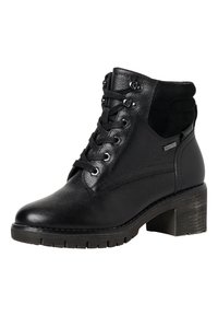 Bottine noire en cuir texturé et en daim, avec un bout arrondi, un système de laçage, un talon empilé et une semelle en caoutchouc antidérapante.
