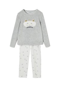Gray long-sleeve top with cat face and text design, paired with white pants featuring gray polka dots; soft fabric, casual fit.
