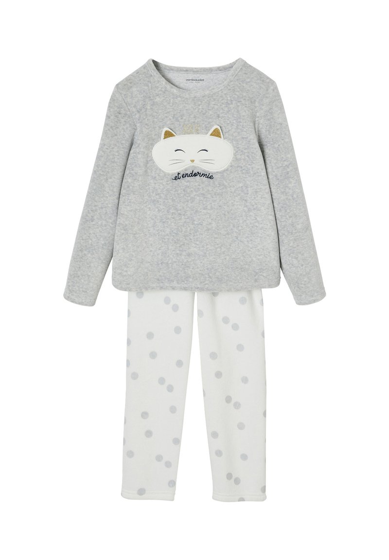 Gray long-sleeve top with cat face and text design, paired with white pants featuring gray polka dots; soft fabric, casual fit.