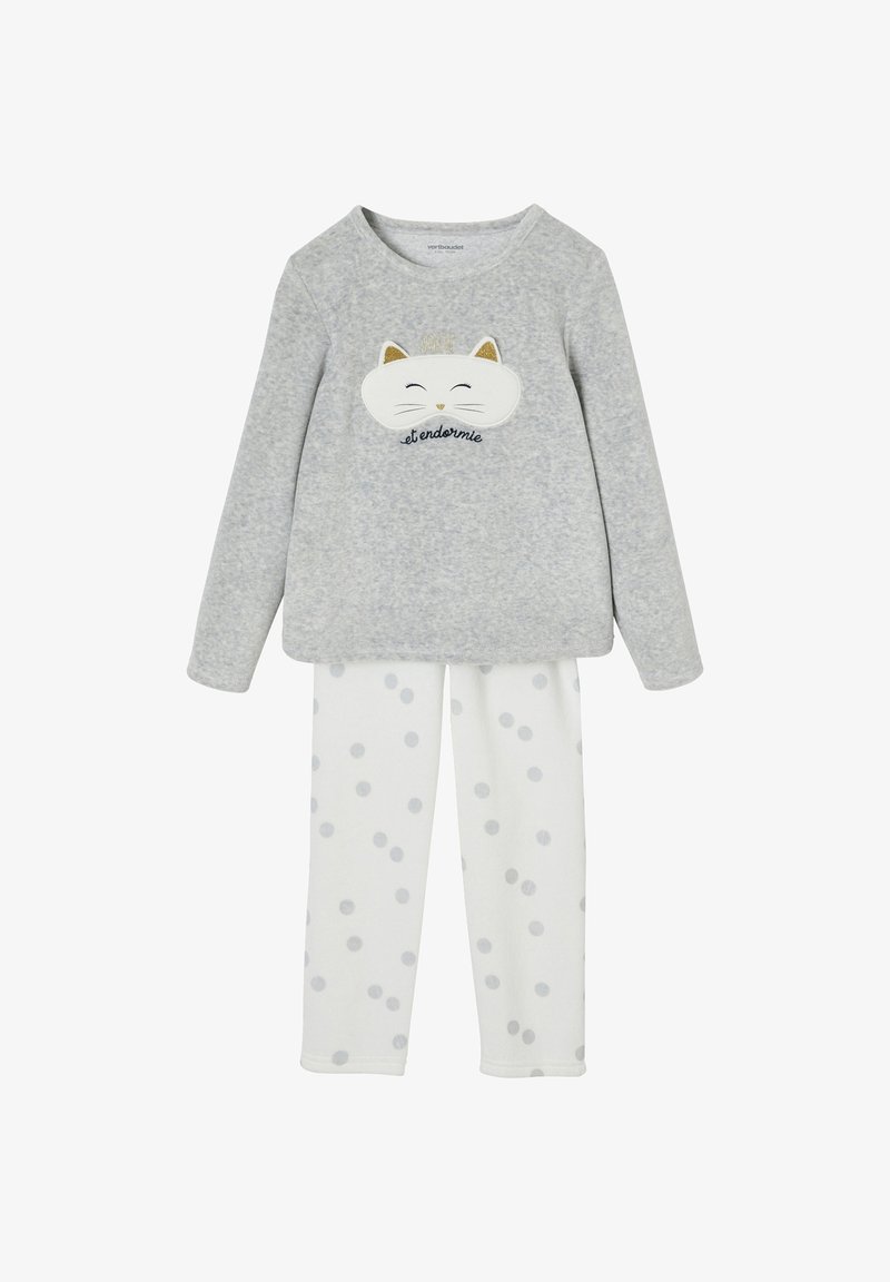 Grau langärmliges Oberteil mit Katzenkopf- und Textdesign, kombiniert mit weißen Hosen mit grauen Punkten; weicher Stoff, lässige Passform.