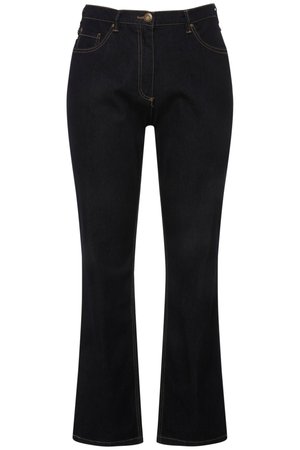 Schwarze High-Waist-Denim-Jeans mit ausgestellten Beinen, Frontknopf und Reißverschluss sowie sichtbaren orangenen Nähten an Taschen und Nähten.