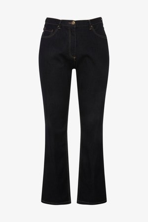 Schwarze High-Waist-Denim-Jeans mit ausgestellten Beinen, Frontknopf und Reißverschluss sowie sichtbaren orangenen Nähten an Taschen und Nähten.