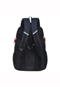 Zaino in nero e blu, con spallacci imbottiti, dettagli arancioni, strisce riflettenti e un pannello in rete testurizzata.