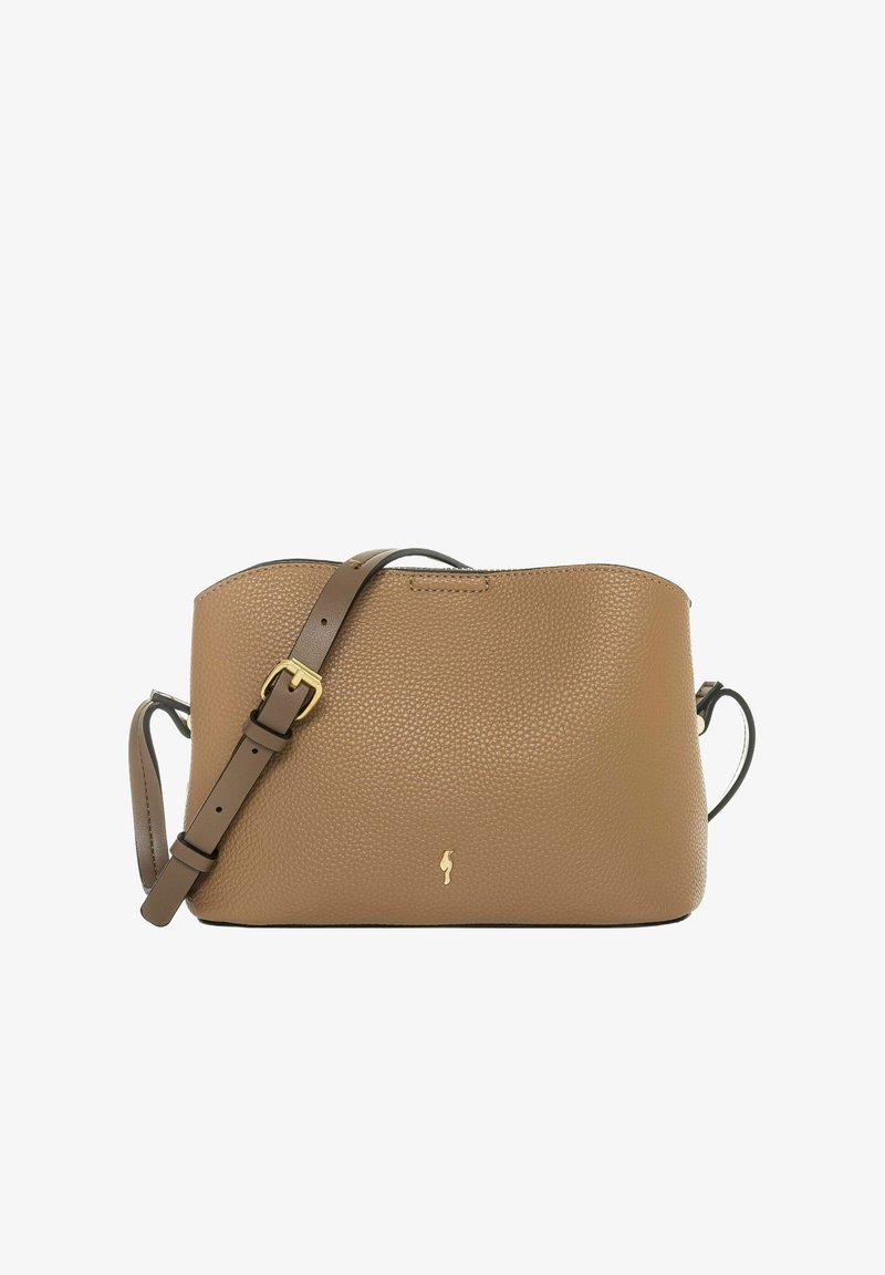 Brązowa skórzana torba na ramię o teksturze krokodylej, z regulowanym paskiem, złotymi detalami i minimalistycznym wzornictwem.