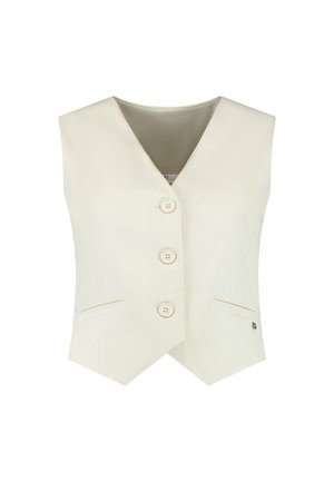 Cream-colored sleeveless vest with a deep V-neck, three front buttons, and two side pockets. Features a subtle textured pattern and a logo detail.