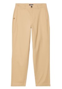 Beige broeken van zachte stof, met een rechte pijpdesign, voorzakken, een knoopsluiting en decoratieve stikdetails.