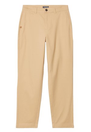 Beige broeken van zachte stof, met een rechte pijpdesign, voorzakken, een knoopsluiting en decoratieve stikdetails.