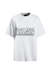 T-shirt en coton blanc à manches courtes, arborant un graphique audacieux « Red Bull Racing » en noir sur le devant. Encolure ronde classique.