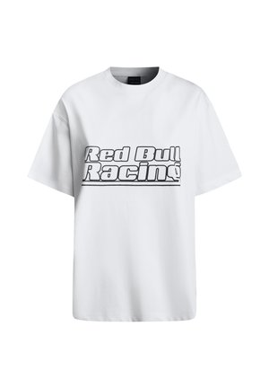 Weißes Baumwoll-T-Shirt mit kurzen Ärmeln, das auf der Vorderseite ein auffälliges schwarzes "Red Bull Racing"-Grafikdesign trägt. Klassischer Rundhalsausschnitt.