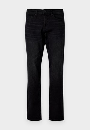 Black denim jeans with a straight leg cut, featuring a standard five-pocket design and subtle washed texture.
